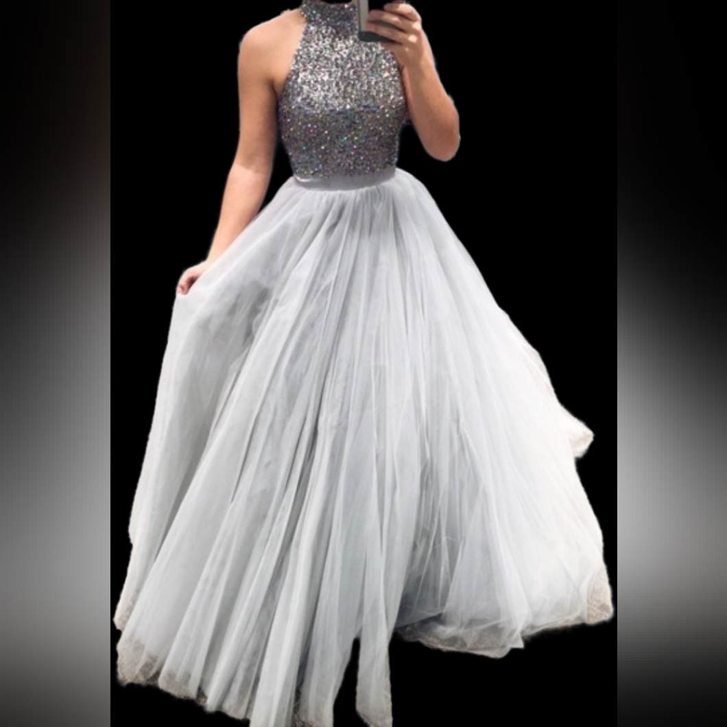 Sherri Hill Silver Gray Tulle Jeweled Bling Ballgown Pageant Gown Dress 6